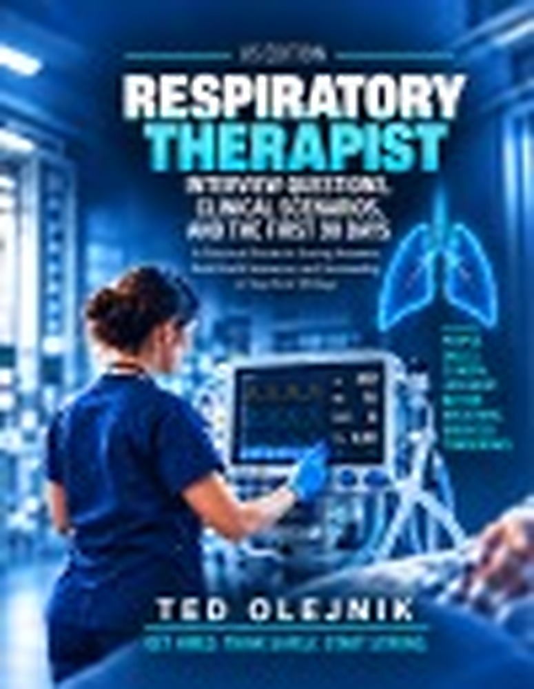 Book cover: RESPIRATORY THERAPIST INTERVIEW QUESTIONS, CLINICAL SCENARIOS AND THE FIRST 90 DAYS US Edition: A Practical Guide to Interview Questions, Strong Answers, Real-World Respiratory Care Scenarios, and Succeeding in Your First 90 Days