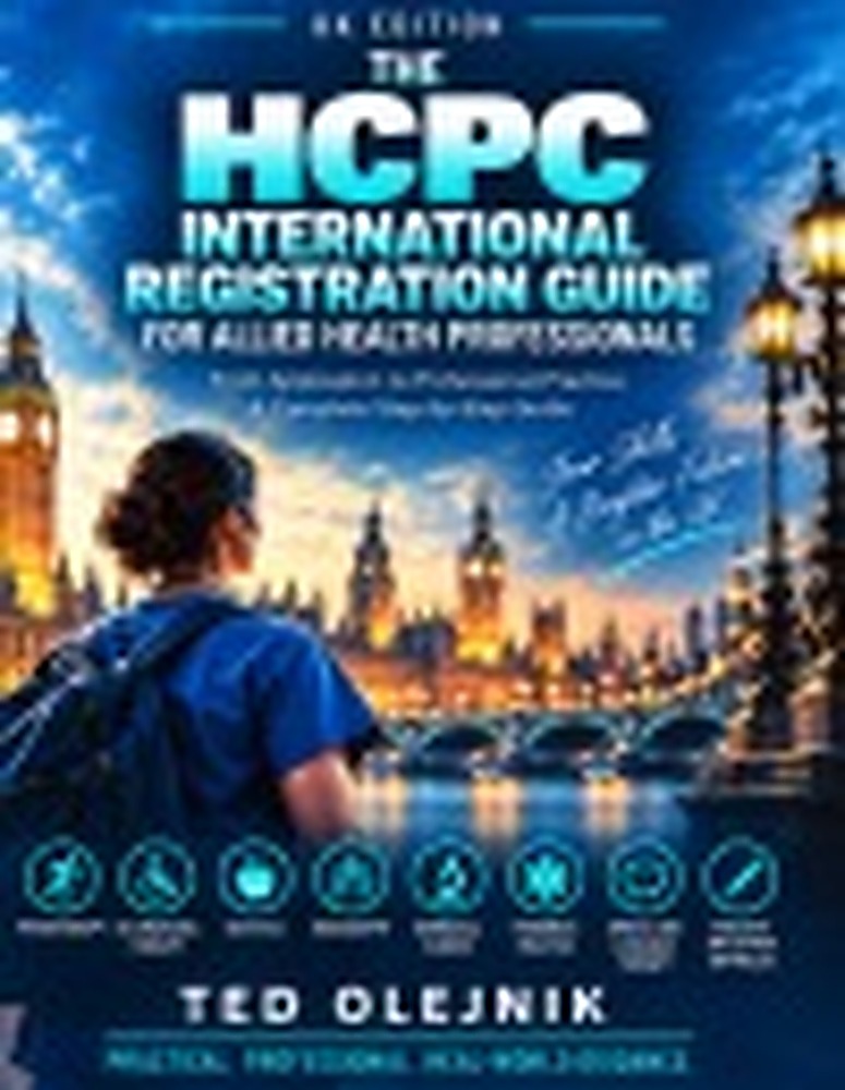 Book cover: THE HCPC INTERNATIONAL REGISTRATION GUIDE FOR ALLIED HEALTH PROFESSIONALS UK Edition: A practical independent handbook for internationally trained professionals preparing for HCPC registration Registration preparation •