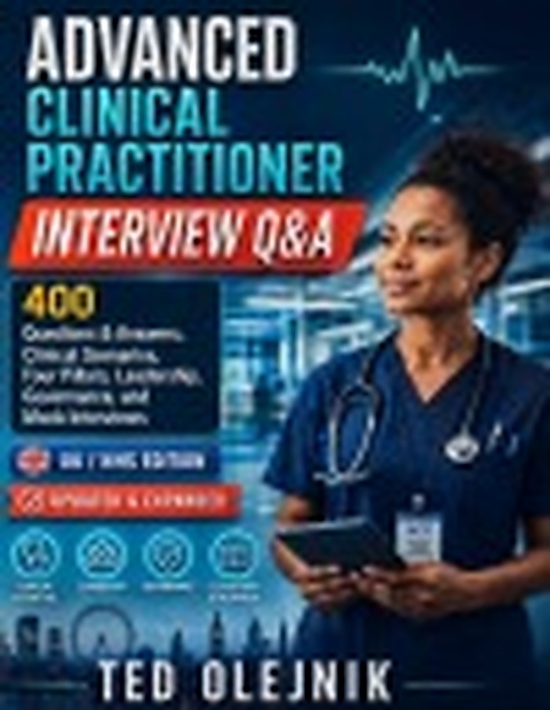 Book cover: ADVANCED CLINICAL PRACTITIONER INTERVIEW QUESTIONS & ANSWERS UK / NHS EDITION: 400 Interview Questions & Expert Model Answers Clinical Reasoning | Leadership | Governance | Prescribing | High-Risk Scenarios | Four Pillars | Band 7 & Band 8a