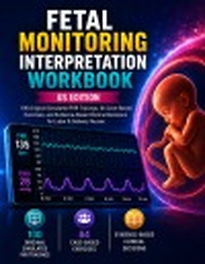 Book cover: Fetal Monitoring Interpretation Workbook: 100 Original Simulated FH R Tracings, 64 Case-Based Exercises, and Evidence-Based Clinical Decisions for Labor & Delivery Nurses US Edition — Updated for 2026