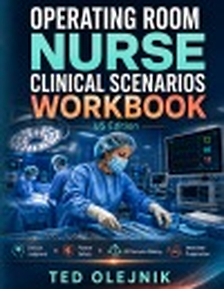 Book cover: OPERATING ROOM NURSE CLINICAL SCENARIOS WORKBOOK US Edition: Clinical Judgment • Patient Safety • OR Decision-Making • Interview Preparation