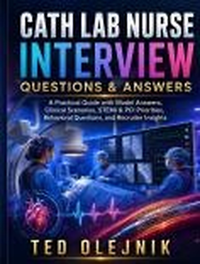 Book cover: Cath Lab Nurse Interview Questions & Answers: A Practical Guide with Model Answers, Clinical Scenarios, and Recruiter Insights.