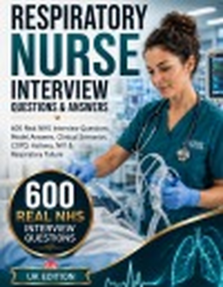 Book cover: RESPIRATORY NURSE INTERVIEW QUESTIONS & ANSWERS: 600 Real NHS Interview Questions, Model Answers, Clinical Scenarios, COPD, Asthma, NIV and Respiratory Failure