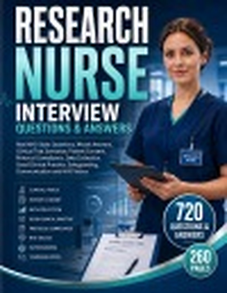 Book cover: RESEARCH NURSE INTERVIEW QUESTIONS & ANSWERS: Real NHS-Style Questions, Model Answers, Clinical Trial Scenarios, Patient Consent, Protocol Compliance, Data Collection, Good Clinical Practice, Safeguarding, Communication and NHS Values