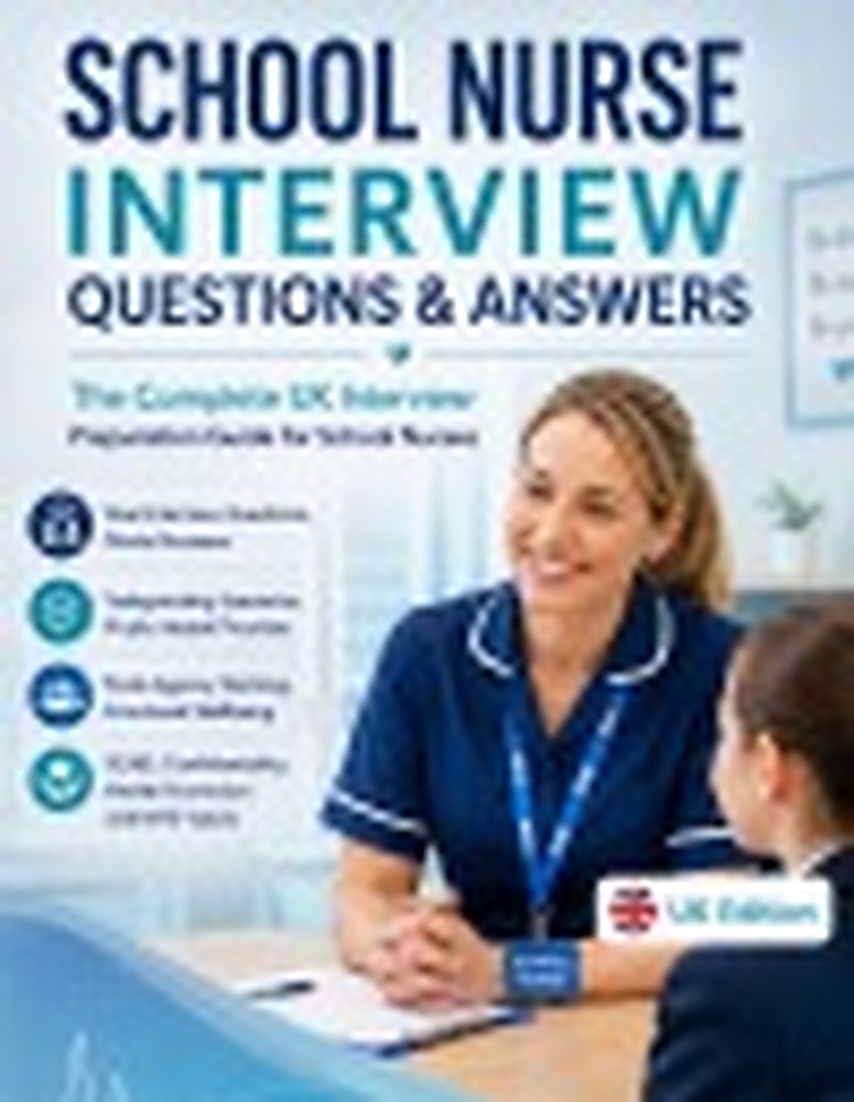 Book cover: SCHOOL NURSE INTERVIEW QUESTIONS & ANSWERS: The Complete UK Interview Preparation Guide for School Nurses Real Interview Questions, Model Answers