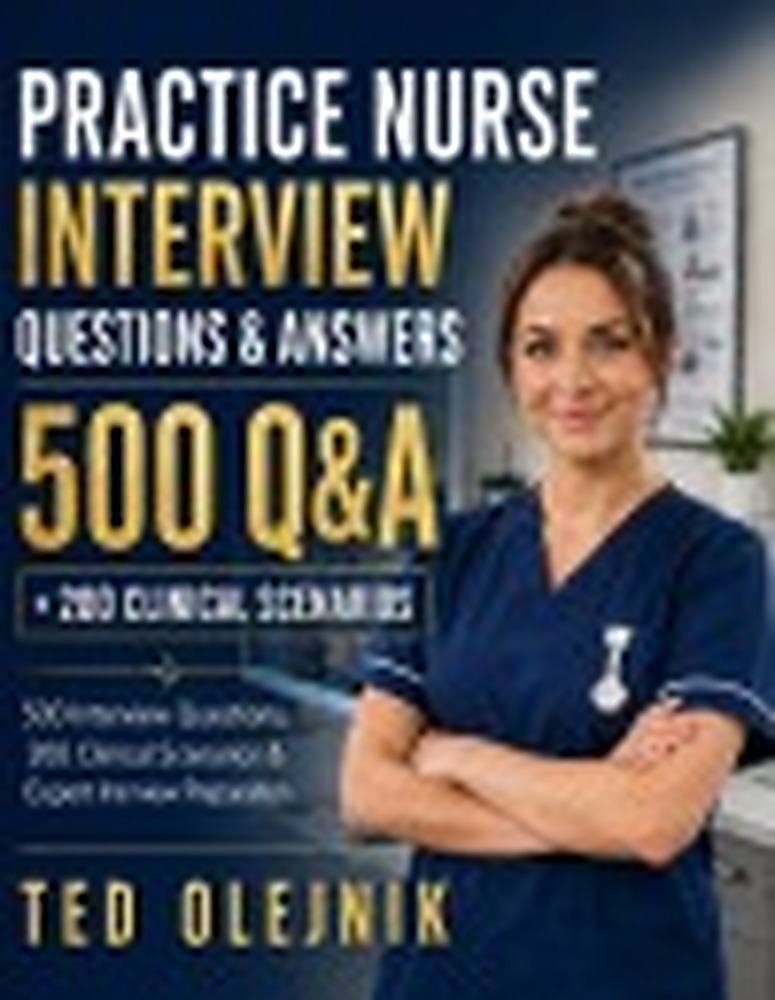 Book cover: PRACTICE NURSE INTERVIEW QUESTIONS & ANSWERS: 500 Q&A + 200 CLINICAL SCENARIOS The Complete UK NHS Interview Preparation Guide for Practice Nurses