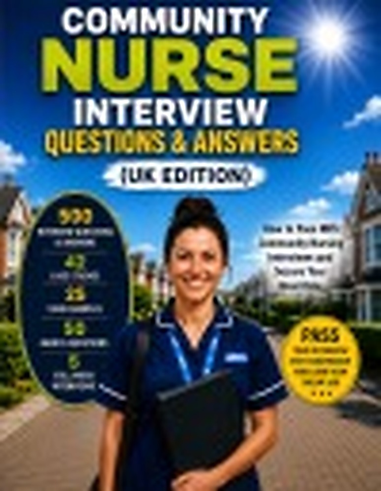 Book cover: COMMUNITY NURSE INTERVIEW QUESTIONS & ANSWERS (UK EDITION): 500 Interview Questions & Answers, 42 Case Studies, 25 STAR Examples, 50 Band 6 Questions, 5 Full Mock Interviews and Recruiter's Success Guide