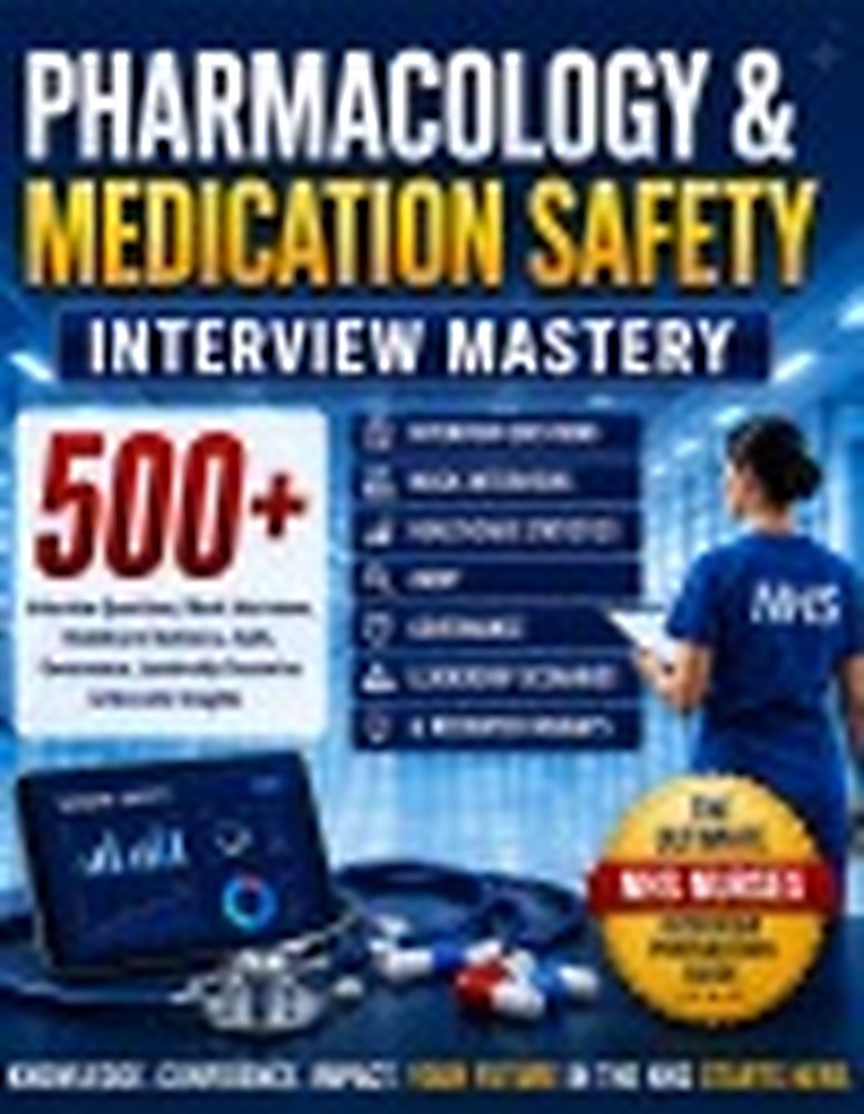 Book cover: PHARMACOLOGY & MEDICATION SAFETY INTERVIEW MASTERY: 500+ Pharmacology, Medication Safety, Healthcare Statistics, Audit, Governance & Leadership Interview Questions, Scenarios and Recruiter Insights for NHS Nurses