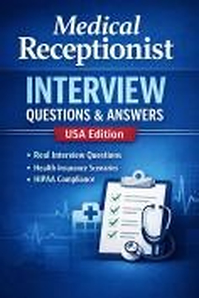 Book cover: Medical Receptionist Interview Questions & Answers: USA Edition: Interview Questions, Insurance Scenarios & HIPAA CAompliance