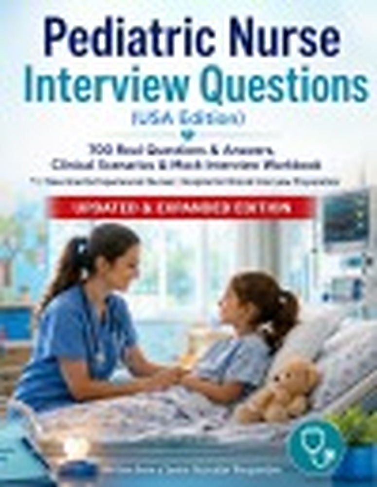 Book cover: Pediatric Nurse Interview Questions (USA Edition): 700 Real Questions & Answers, Clinical Scenarios & Mock Interview Workbook - For New Grad & Experienced Nurses | Hospital & Clinical Interview Preparation