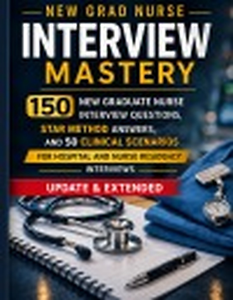 Book cover: New Grad Nurse Interview Mastery: 150 New Graduate Nurse Interview Questions, STAR Method Answers, and 50 Clinical Scenarios to Help You Land Your First Hospital or Nurse Residency Job
