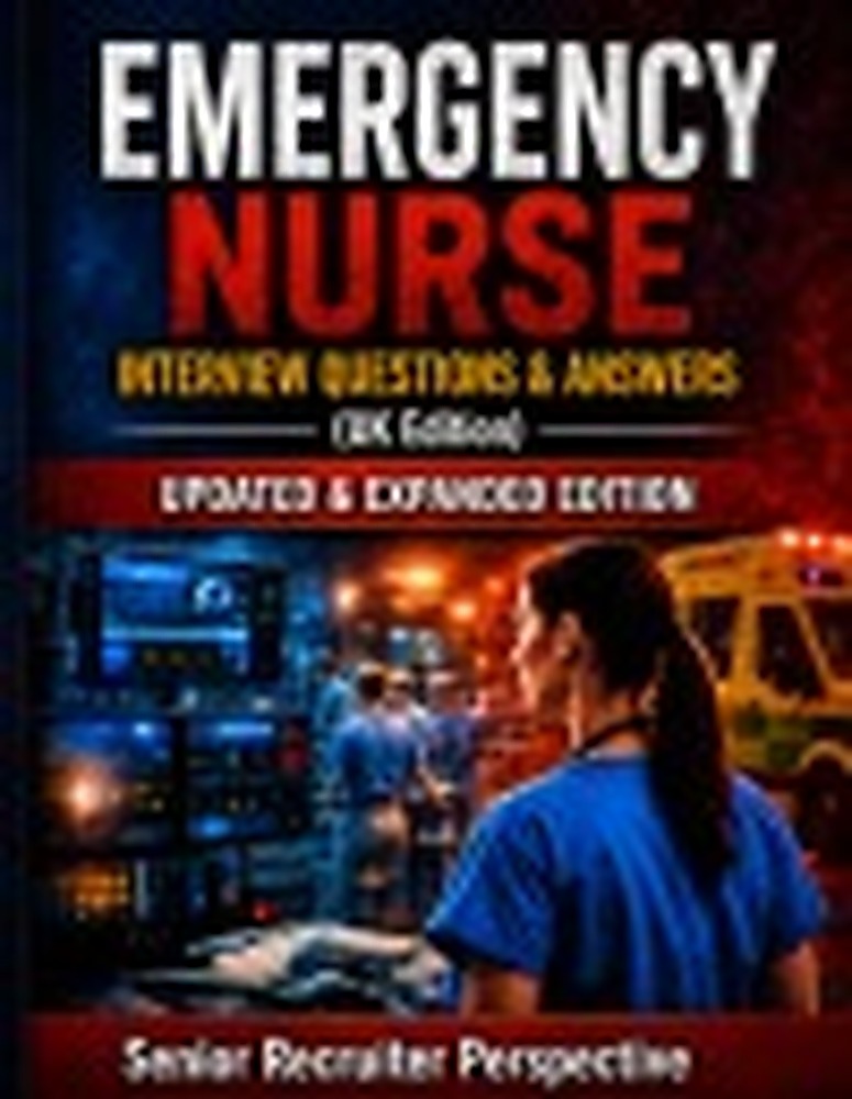Book cover: Emergency Nurse Interview Questions & Answers (UK Edition): 600 Real NHS Questions, High-Pressure Scenarios & Structured Answers from a Senior Recruiter Perspective for Band 5 & Band 6 Roles