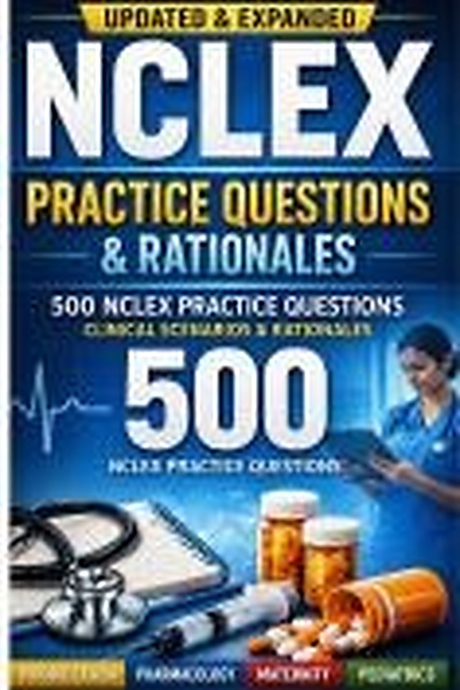 Book cover: NCLEX Practice Questions & Rationales: 500 High-Yield Clinical Scenario Questions with Detailed Explanations to Improve Critical Thinking and Pass the NCLEX Exam First Time