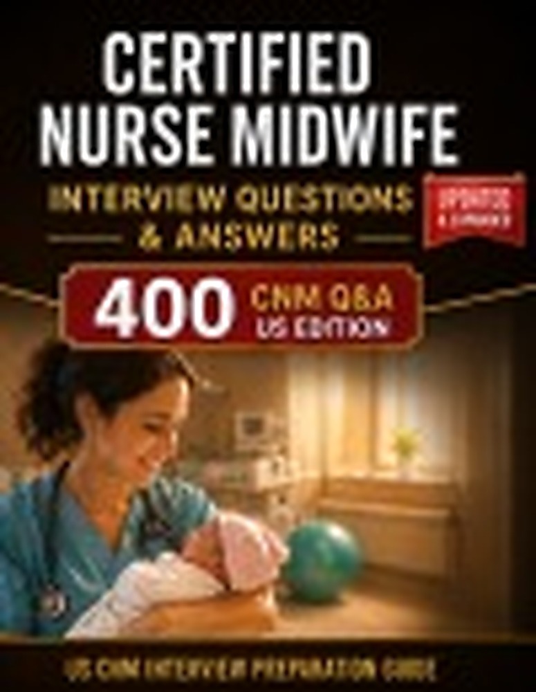 Book cover: Certified Nurse Midwife Interview Questions & Answers: 400 Advanced Clinical & Behavioral Questions, Real Scenarios & High-Scoring Answ