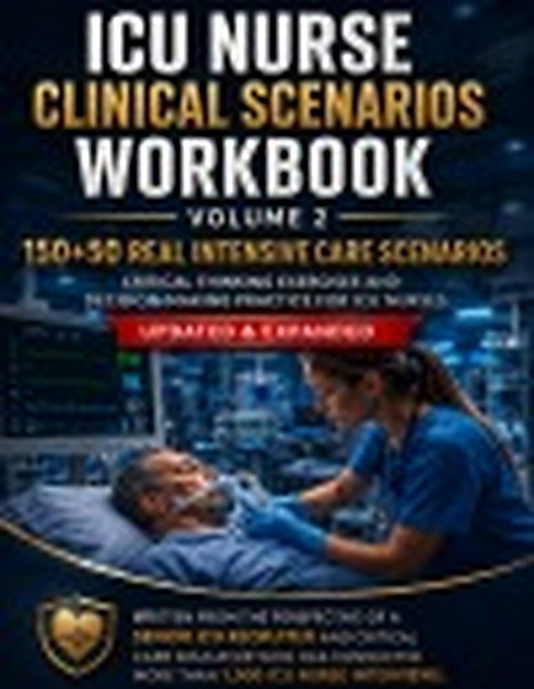 Book cover: ICU Nurse Clinical Scenarios Workbook - Volume 2: 150 Real Intensive Care Scenarios for ICU Nurses Preparing for Interviews, Clinical Assessments, and Critical Care Decision-Making