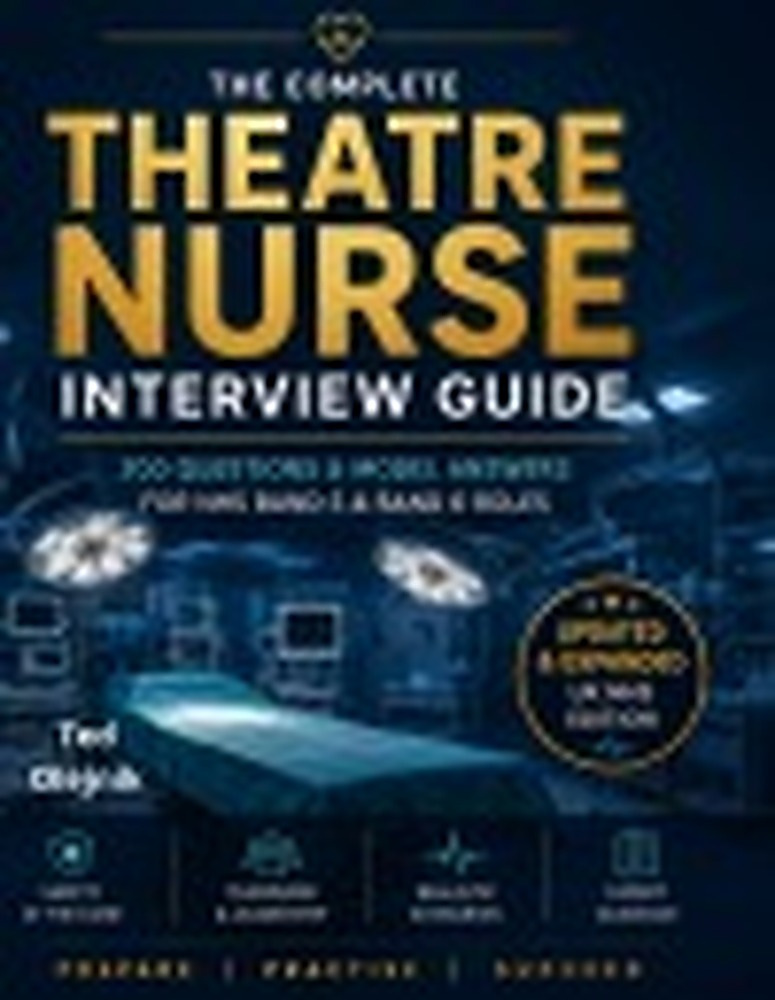 Book cover: THEATRE NURSE INTERVIEW QUESTIONS AND ANSWERS UK NHS EDITION: Real NHS Theatre Nurse Interview Questions, Clinical Scenarios, STAR Answers and Recruiter Insights for Band 5 and Band 6 CaWritten from the Perspective of a Senior NHS Theatre Recruiter