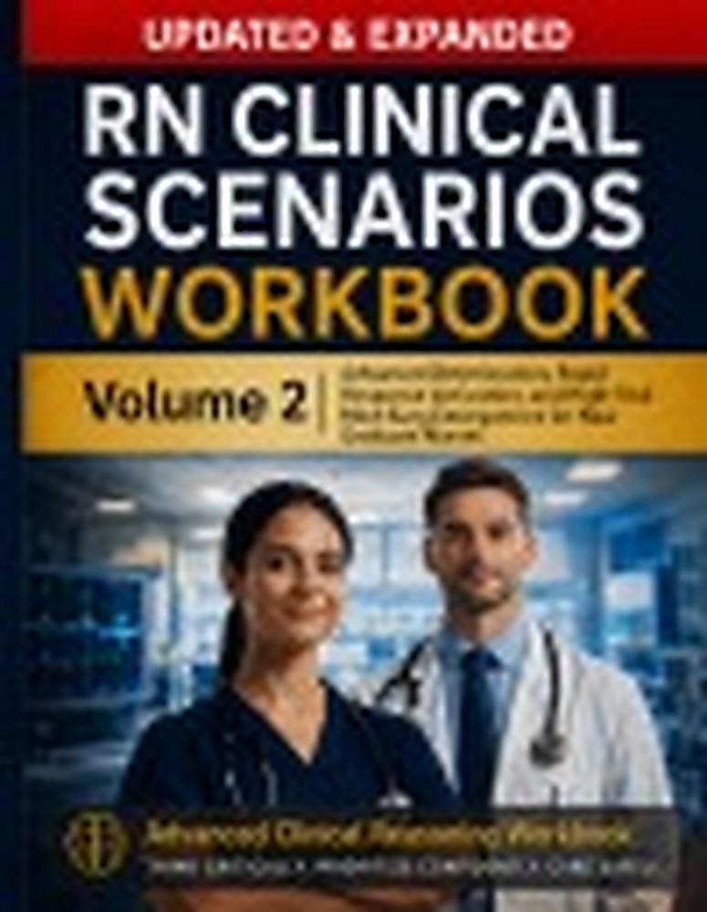 Book cover: RN Clinical Scenarios Workbook – Volume 2: Advanced Deterioration, Rapid Response Activation, and High-Risk Med-Surg Emergencies for New Graduate Nurses 176 pages | 8.5 x 11" | Advanced Clinical Reasoning Workbook