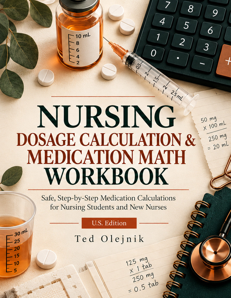 Book cover: NURSING DOSAGE CALCULATION & MEDICATION MATH WORKBOOK US EDITION: Safe, Step-by-Step Medication Calculations for Nursing Students and New Nurses